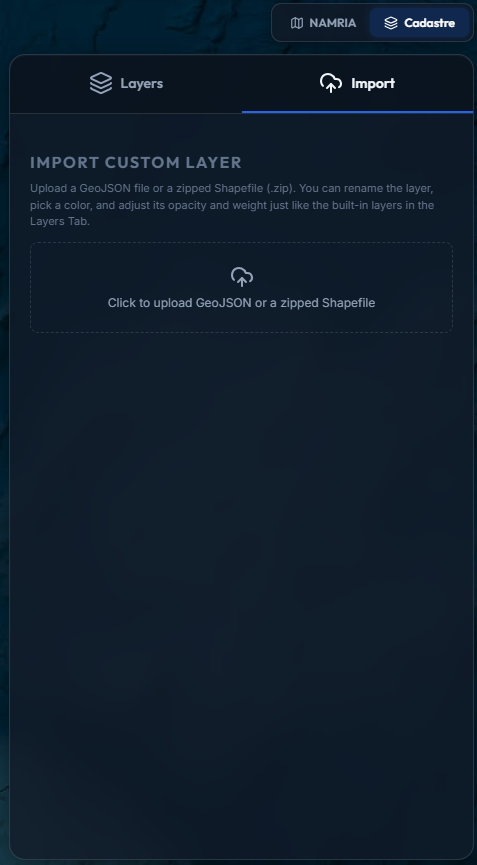 Import tab showing the empty file drag-and-drop upload zone