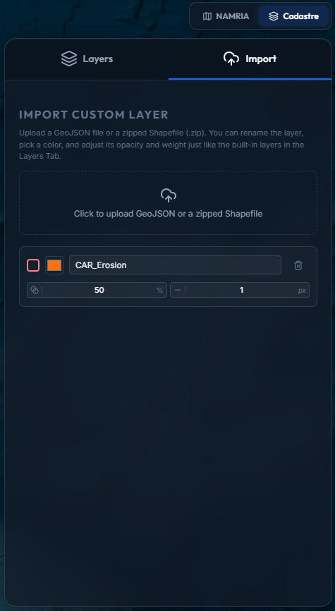 Import tab with a successfully uploaded custom layer in the list